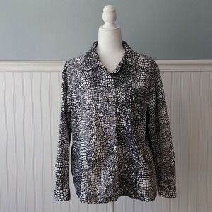 Chico's Design Women's 3‎ Lg Shacket Black White Animal Print Button Lightweight
